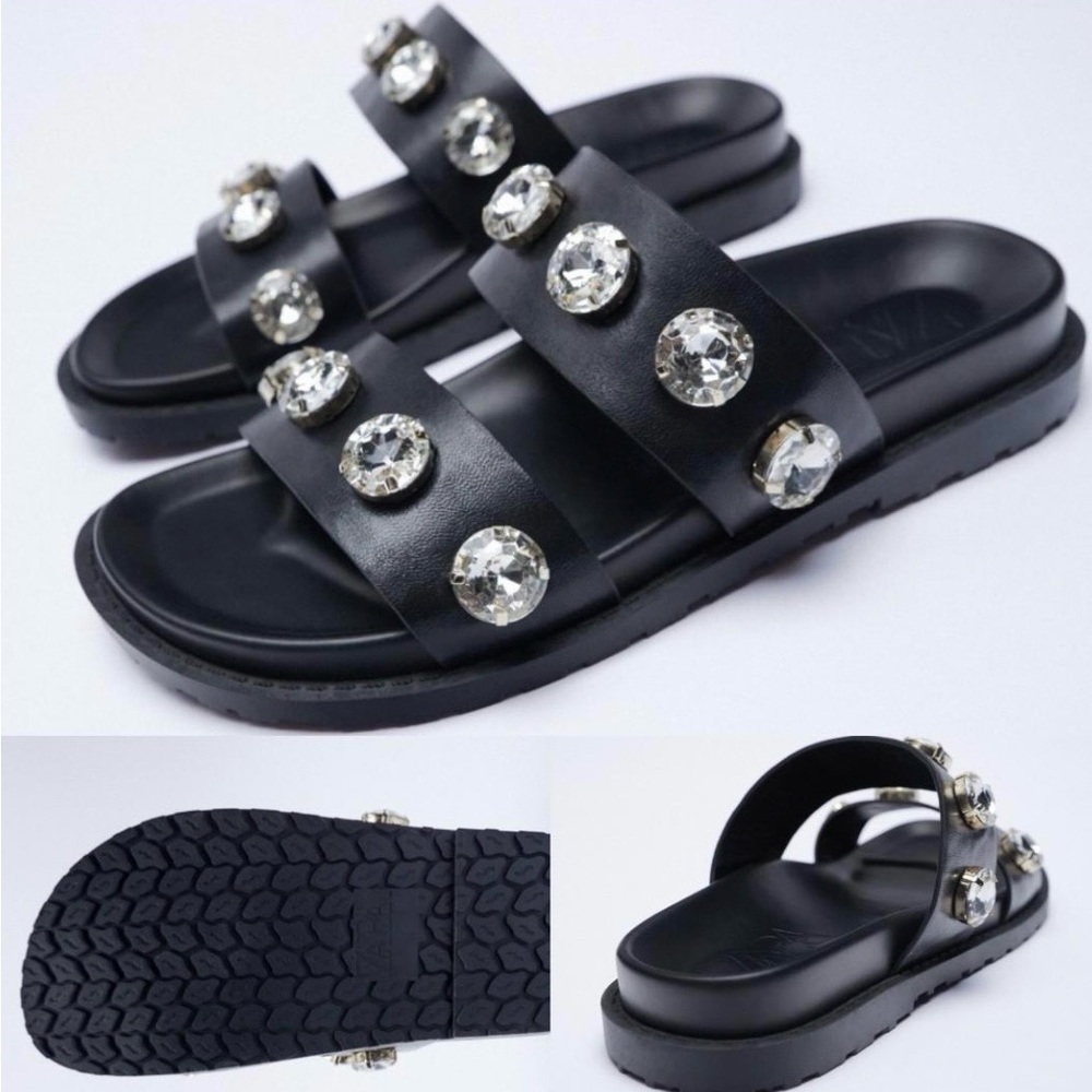 Zara Black Embellished Flat Sandals Sz.9